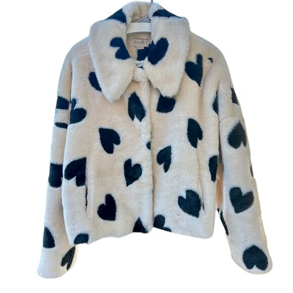 Jayley Jackets & Blazers - Jayley Lola Love Faux Fur Cropped Jacket Heart Pattern Cream Black- Size Sm/Med